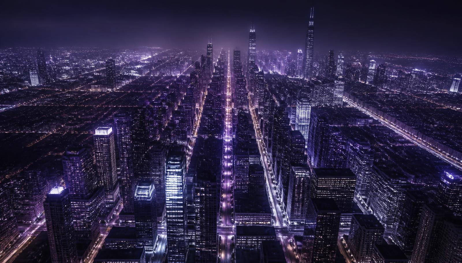 Aerial view of a city at night, its light lines forming an ordered grid