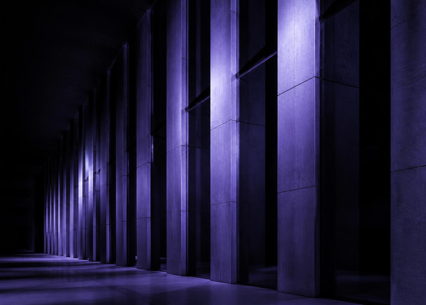 Ordered architectural columns receding into shadow
